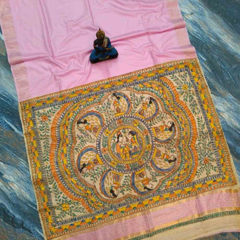 Tussar Ghicha Saree with Staple Jari Border and Madhubani Print in Pink